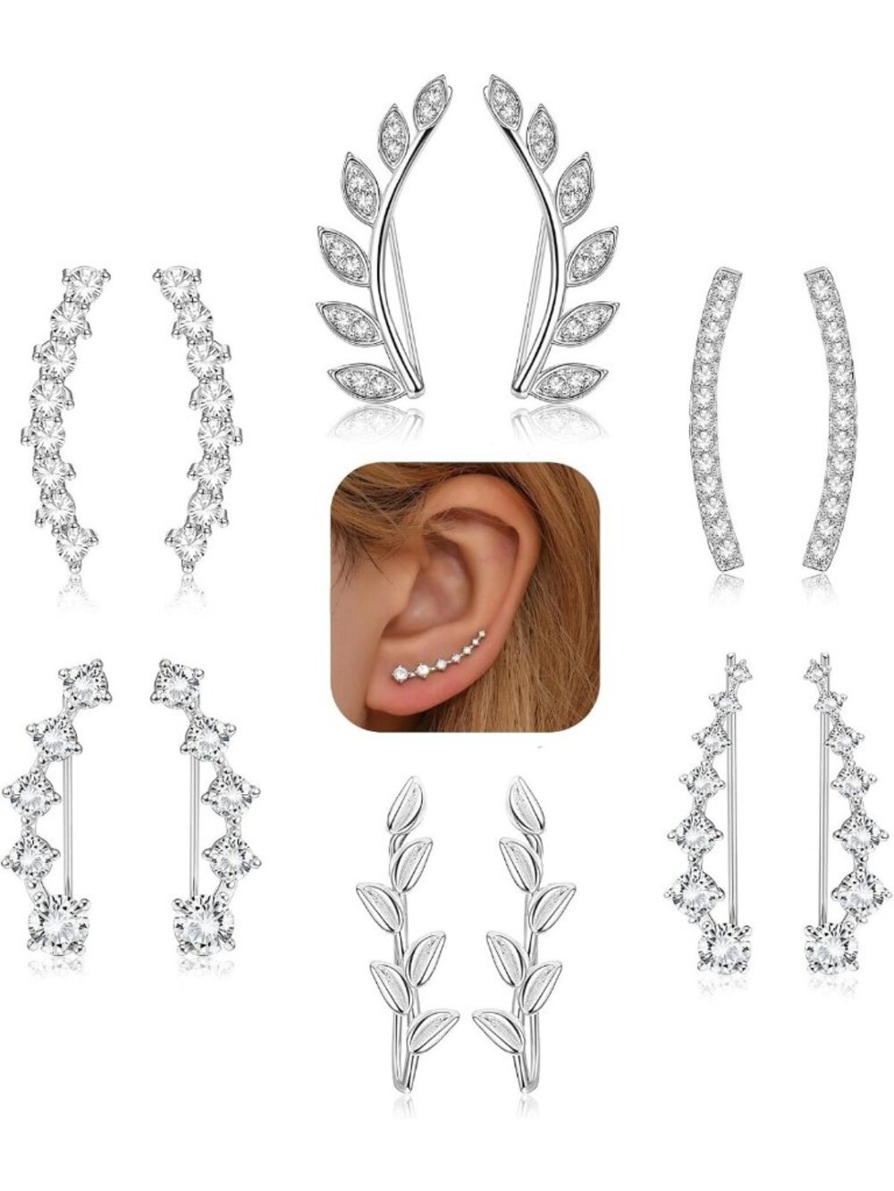 Stylish 6 Pairs Ear Cuffs & Climber Hoops, CZ Arrow Crawler Studs for Women